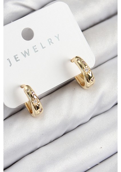 Pirinç Zirkon Taşlı Halka Model Gold Renk Kadın Küpe - TJ-BKP11075