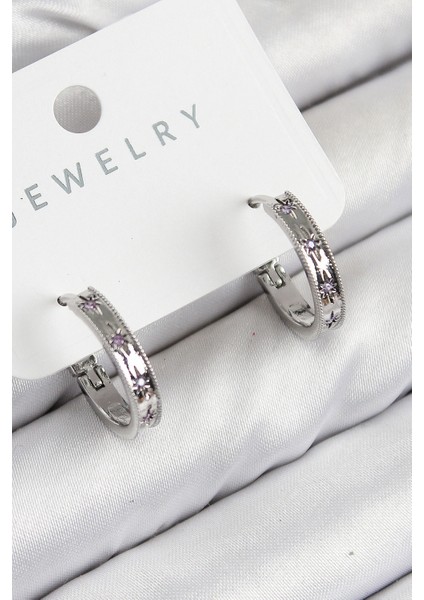 Pirinç Zirkon Taşlı Halka Model Gümüş Renk Kadın Küpe - TJ-BKP11071