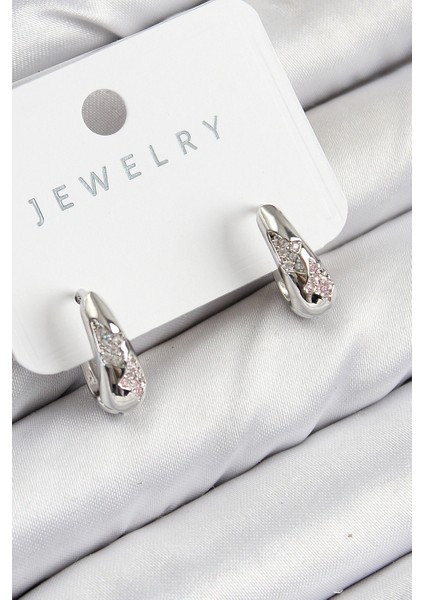 Pirinç Zirkon Taş Desenli Model Gümüş Renk Kadın Küpe - TJ-BKP11067