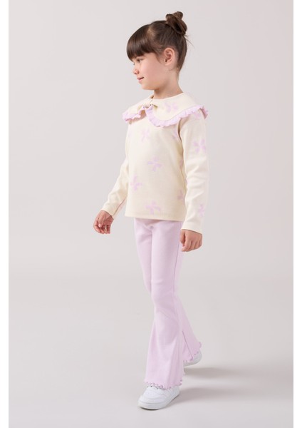 Büyük Yakalı Fiyonk Baskılı Taytlı Kız Çocuk Alt Üst Takım