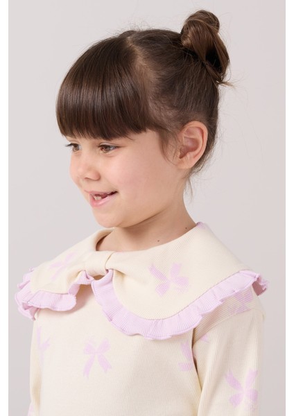 Büyük Yakalı Fiyonk Baskılı Taytlı Kız Çocuk Alt Üst Takım modelleri