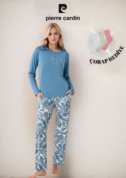 Kadın Giyim Modal & Pamuk Düğme Detaylı Uzun Kol 2'li Turkuaz Pijama Takımı