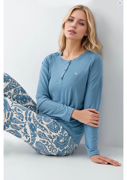 Kadın Giyim Modal & Pamuk Düğme Detaylı Uzun Kol 2'li Turkuaz Pijama Takımı fiyatları