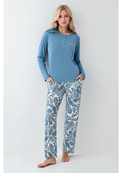 Kadın Giyim Modal & Pamuk Düğme Detaylı Uzun Kol 2'li Turkuaz Pijama Takımı modelleri