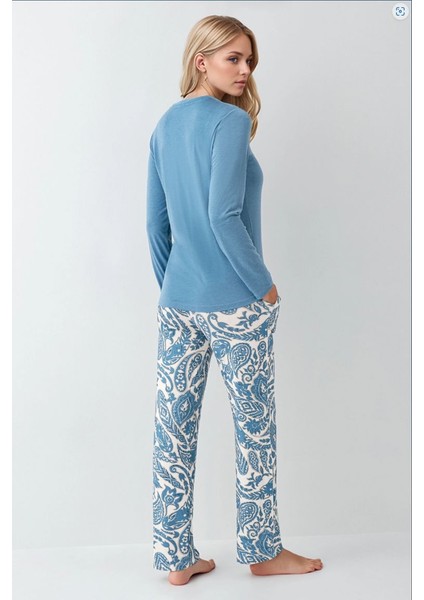 Kadın Giyim Modal & Pamuk Düğme Detaylı Uzun Kol 2'li Turkuaz Pijama Takımı fırsatları