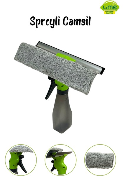 Spreyli Camsil Çekpas Deterjan Su Hazneli Silikonlu Çekçek Microfiber Araba Cam Ayna Temizleyici