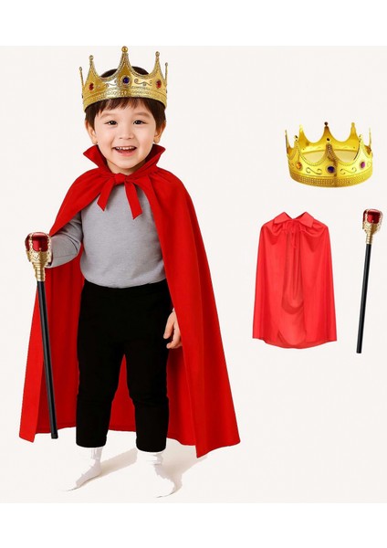 Çocuk Kral Kostüm Seti – Kırmızı Pelerin, Taç ve Asa (90 Cm)