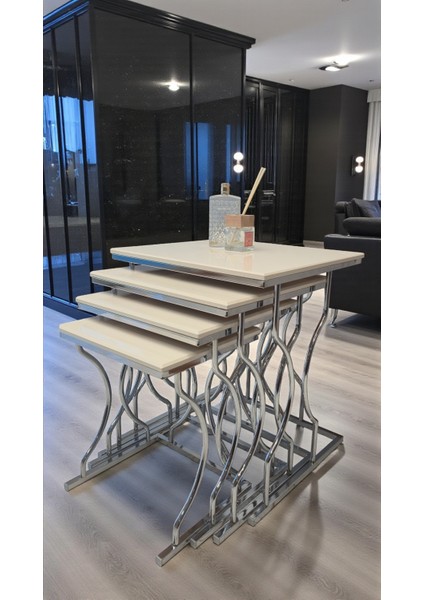 Arden Elite 4'lü Kare Zigon Sehpa Seti – Gümüş (Krom) Ayak, Krem Mdf