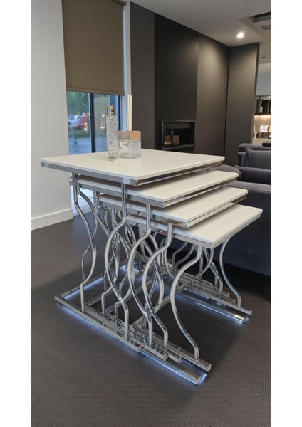 Arden Elite 4'lü Kare Zigon Sehpa Seti – Gümüş (Krom) Ayak, Krem Mdf fiyatları