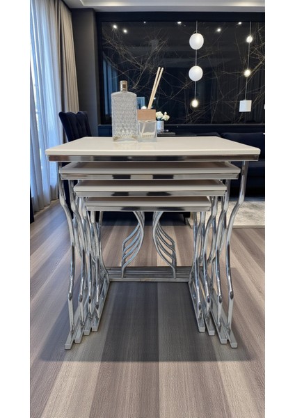 Arden Elite 4'lü Kare Zigon Sehpa Seti – Gümüş (Krom) Ayak, Krem Mdf modelleri