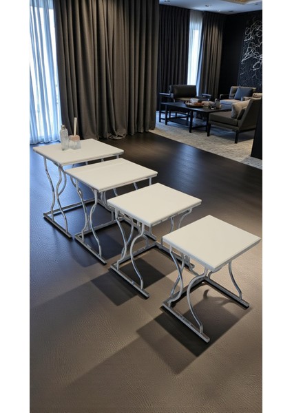 Arden Elite 4'lü Kare Zigon Sehpa Seti – Gümüş (Krom) Ayak, Krem Mdf fırsatları