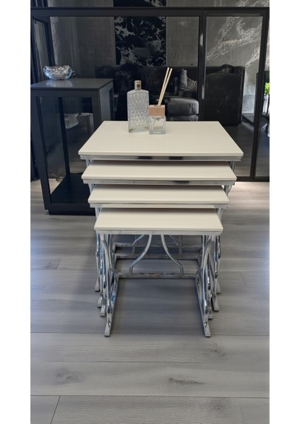 Arden Elite 4'lü Kare Zigon Sehpa Seti – Gümüş (Krom) Ayak, Krem Mdf indirimleri