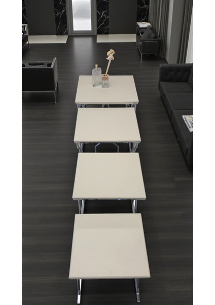 Arden Elite 4'lü Kare Zigon Sehpa Seti – Gümüş (Krom) Ayak, Krem Mdf
