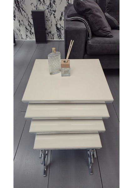 Arden Elite 4'lü Kare Zigon Sehpa Seti – Gümüş (Krom) Ayak, Krem Mdf