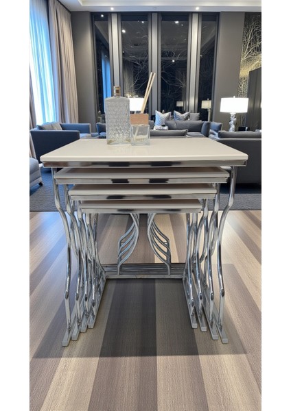 Arden Elite 4'lü Kare Zigon Sehpa Seti – Gümüş (Krom) Ayak, Krem Mdf