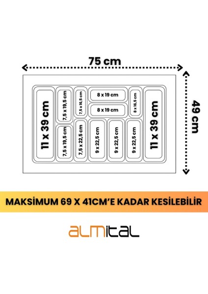 75x49 Cm. 12 Gözlü Beyaz Çekmece Içi Kaşıklık 69x41 Cm'e Kadar Kesilebilir modelleri