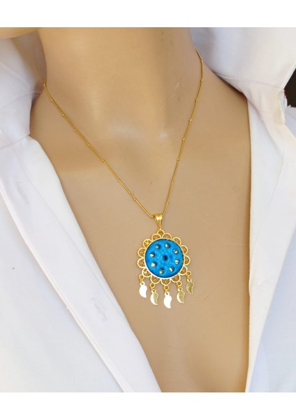 Çelik 9 Gözlü Süryani Nazar Kolyesi – 40+5 cm Ayarlanabilir Zincirli, Koruyucu Firuze Taşlı