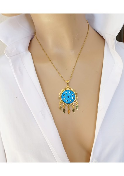 Çelik 9 Gözlü Süryani Nazar Kolyesi – 40+5 cm Ayarlanabilir Zincirli, Koruyucu Firuze Taşlı modelleri