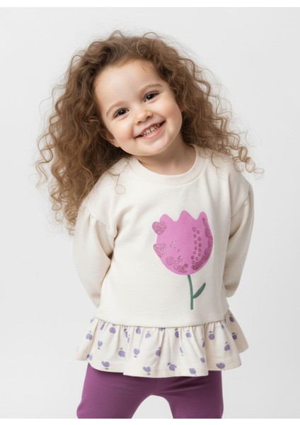 Kız Çocuk Oversize Çiçek Baskılı Pamuklu Ekru Sweatshirt