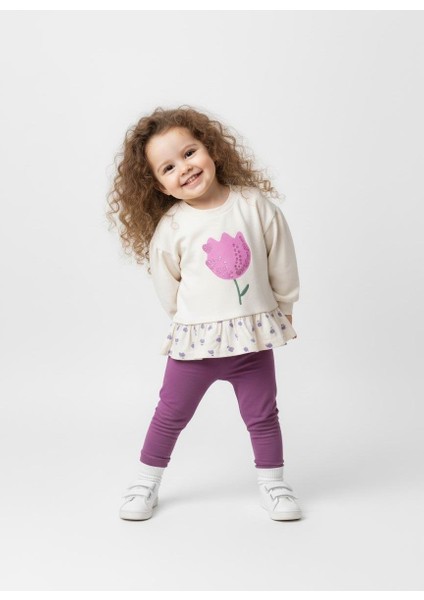 Kız Çocuk Oversize Çiçek Baskılı Pamuklu Ekru Sweatshirt fiyatları