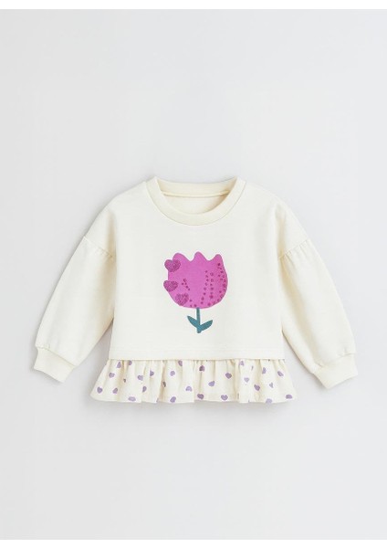 Kız Çocuk Oversize Çiçek Baskılı Pamuklu Ekru Sweatshirt fırsatları