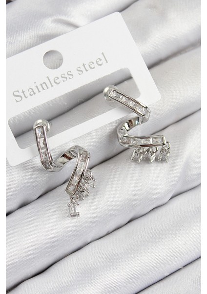 Pirinç Zirkon Taşlı Kıvrımlı Model Gümüş Renk Kadın Küpe - TJ-BKP11113