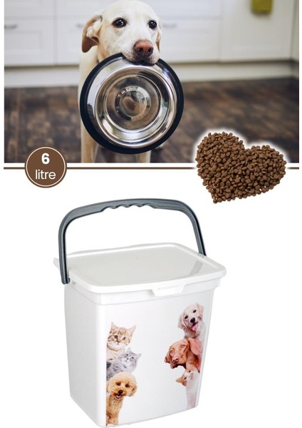 Evcil Hayvan Mama Kovası, Kapaklı Kulplu Kedi Köpek Mama Saklama Kabı Kutusu 6lt