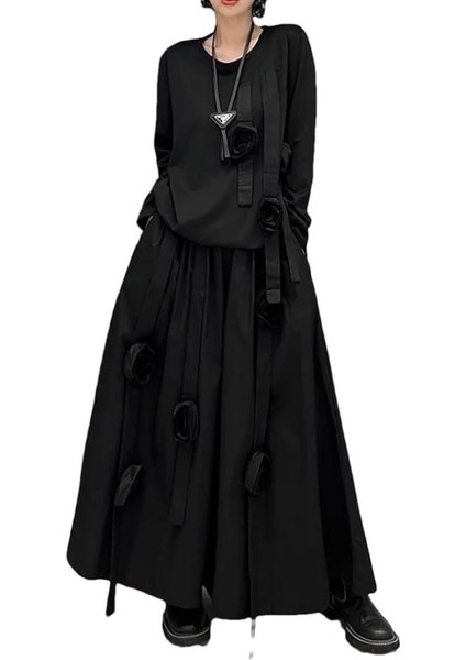 Siyah Uzun Kollu Yuvarlak Yaka Düz Çiçek Detaylı Tişört + Lastikli Bel Pantolon, Kadın Siyah Salaş Takım