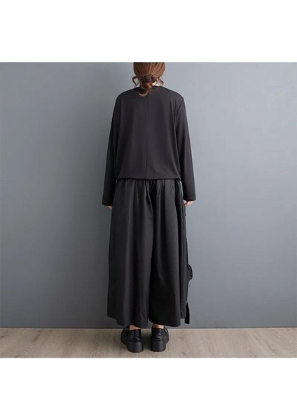 Siyah Uzun Kollu Yuvarlak Yaka Düz Çiçek Detaylı Tişört + Lastikli Bel Pantolon, Kadın Siyah Salaş Takım fiyatları