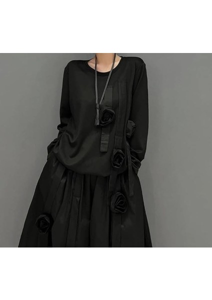 Siyah Uzun Kollu Yuvarlak Yaka Düz Çiçek Detaylı Tişört + Lastikli Bel Pantolon, Kadın Siyah Salaş Takım fırsatları