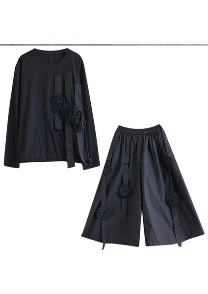 Siyah Uzun Kollu Yuvarlak Yaka Düz Çiçek Detaylı Tişört + Lastikli Bel Pantolon, Kadın Siyah Salaş Takım indirimleri