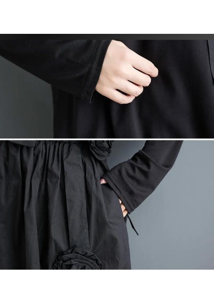 Siyah Uzun Kollu Yuvarlak Yaka Düz Çiçek Detaylı Tişört + Lastikli Bel Pantolon, Kadın Siyah Salaş Takım