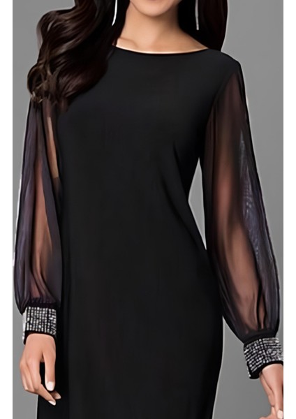 Kadın Uzun Kollu Yakası Yanlardan Hafif Açık Kollar Tül ve Taş Detay Kısa Krep Elbise fiyatları