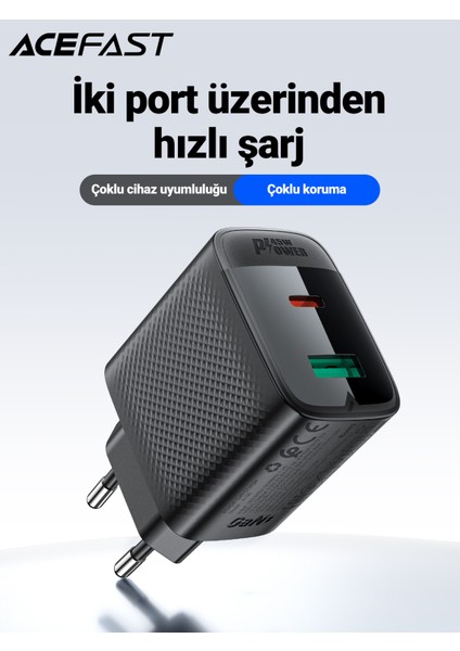 45W PD USB-C + USB-A 2 Port Hızlı Şarj Aleti Isı Düşüren GaN Destekli Akım Korumalı Güç Adaptörü iPhone & Android & iPad & MacBook Type-C - A106 (Acefast Türkiye Garantili) modelleri