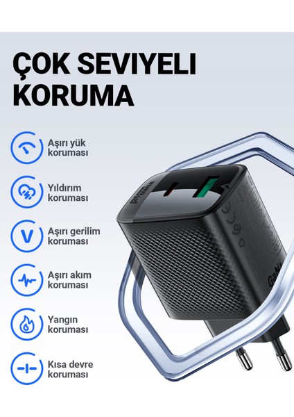 45W PD USB-C + USB-A 2 Port Hızlı Şarj Aleti Isı Düşüren GaN Destekli Akım Korumalı Güç Adaptörü iPhone & Android & iPad & MacBook Type-C - A106 (Acefast Türkiye Garantili)