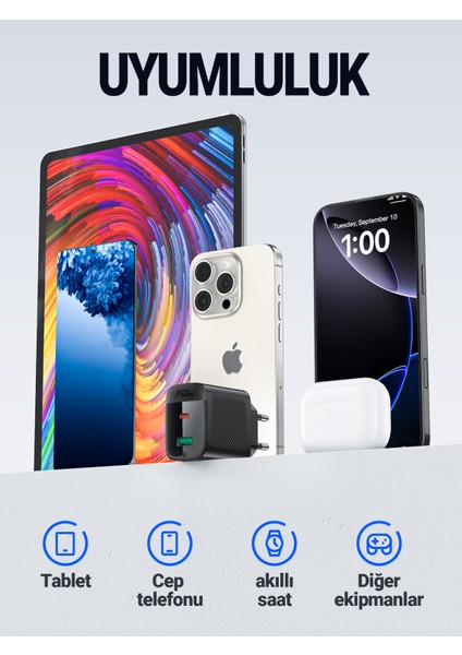 45W PD USB-C + USB-A 2 Port Hızlı Şarj Aleti Isı Düşüren GaN Destekli Akım Korumalı Güç Adaptörü iPhone & Android & iPad & MacBook Type-C - A106 (Acefast Türkiye Garantili)