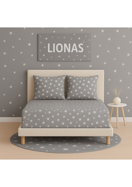 Desenli 160 x 200 cm Çift Kişilik Gri Yıldız Lastikli Çarşaf ve 2 Adet Yastık Kılıfı