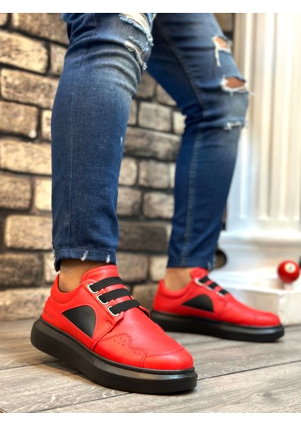 BA0302 Boa Kalın Taban Bağcıksız Tarz Casual Siyah Kırmızı Erkek Ayakkabı