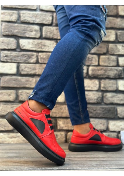 BA0302 Boa Kalın Taban Bağcıksız Tarz Casual Siyah Kırmızı Erkek Ayakkabı