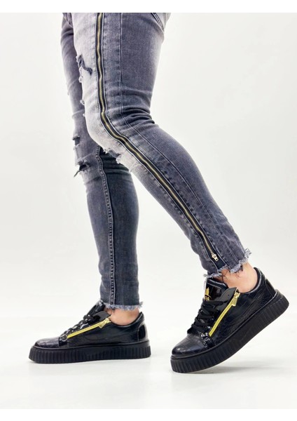 SNR-308 Boa Kalın Yüksek Taban Çift Fermuarlı Siyah Siyah Erkek Ayakkabı