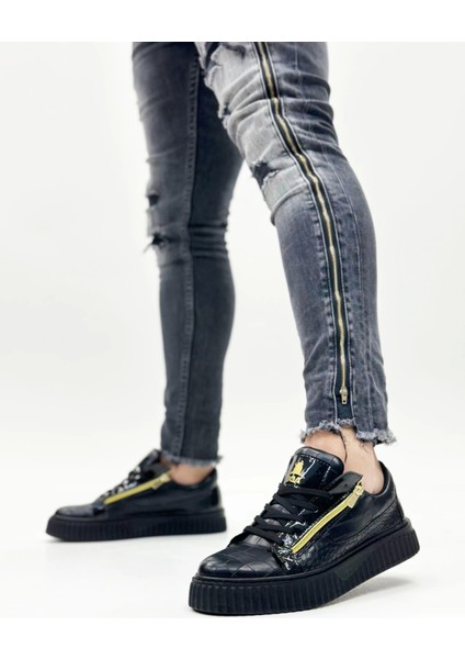 SNR-308 Boa Kalın Yüksek Taban Çift Fermuarlı Siyah Siyah Erkek Ayakkabı