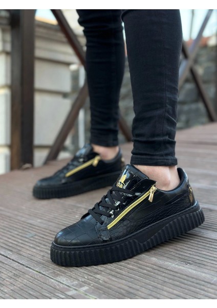 SNR-308 Boa Kalın Yüksek Taban Çift Fermuarlı Siyah Siyah Erkek Ayakkabı
