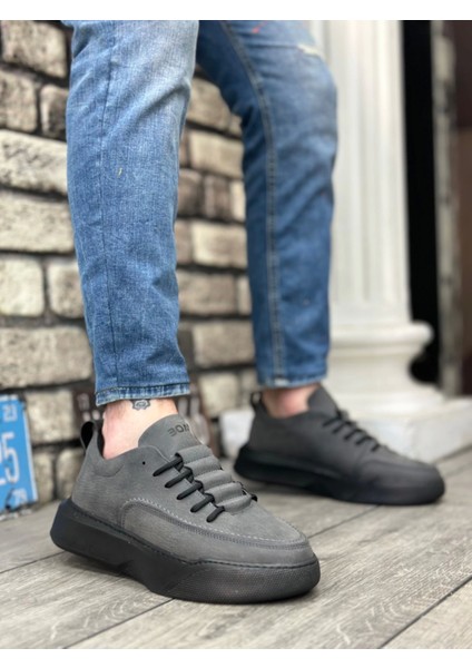 BA0332 Merdiven Desen Bağcıklı Erkek Yüksek Taban Füme Cilt Spor Ayakkabı indirimleri