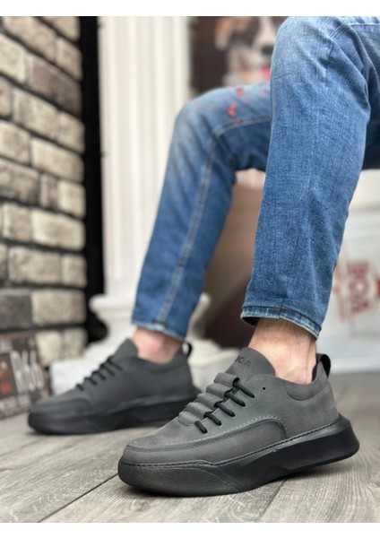 BA0332 Merdiven Desen Bağcıklı Erkek Yüksek Taban Füme Cilt Spor Ayakkabı