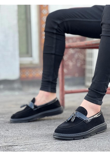 BA0005 Bağcıksız Yüksek Taban Klasik Süet Siyah Siyah Taban Püsküllü Erkek Ayakkabı modelleri