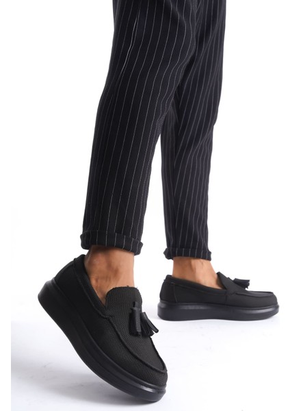 SLW154 Blaze Bağcıksız Püsküllü Keten Erkek Günlük Spor Klasik Ayakkabı Bt Siyah