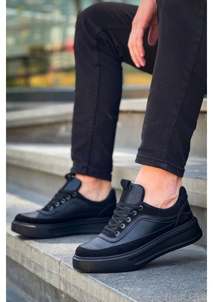 KB-006 Kuback Siyah Cilt Yüksek Taban Bağcıklı Günlük Erkek Ayakkabı