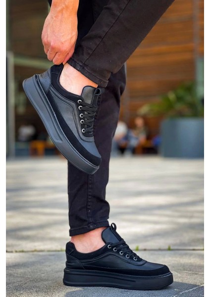 KB-006 Kuback Siyah Cilt Yüksek Taban Bağcıklı Günlük Erkek Ayakkabı