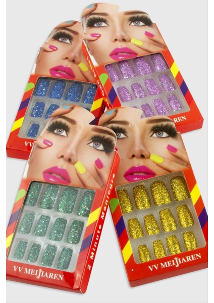 Sepetim Simli Renkli Takma Tırnak-Renkli