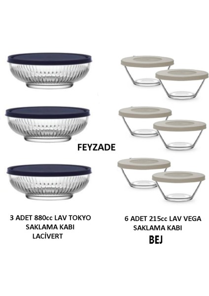 Feyzade Vega Saklama Kabı 6 Adet 215CC Bej-Pembe - Tokyo Saklama Kabı 3 Adet 880CC Lacivert